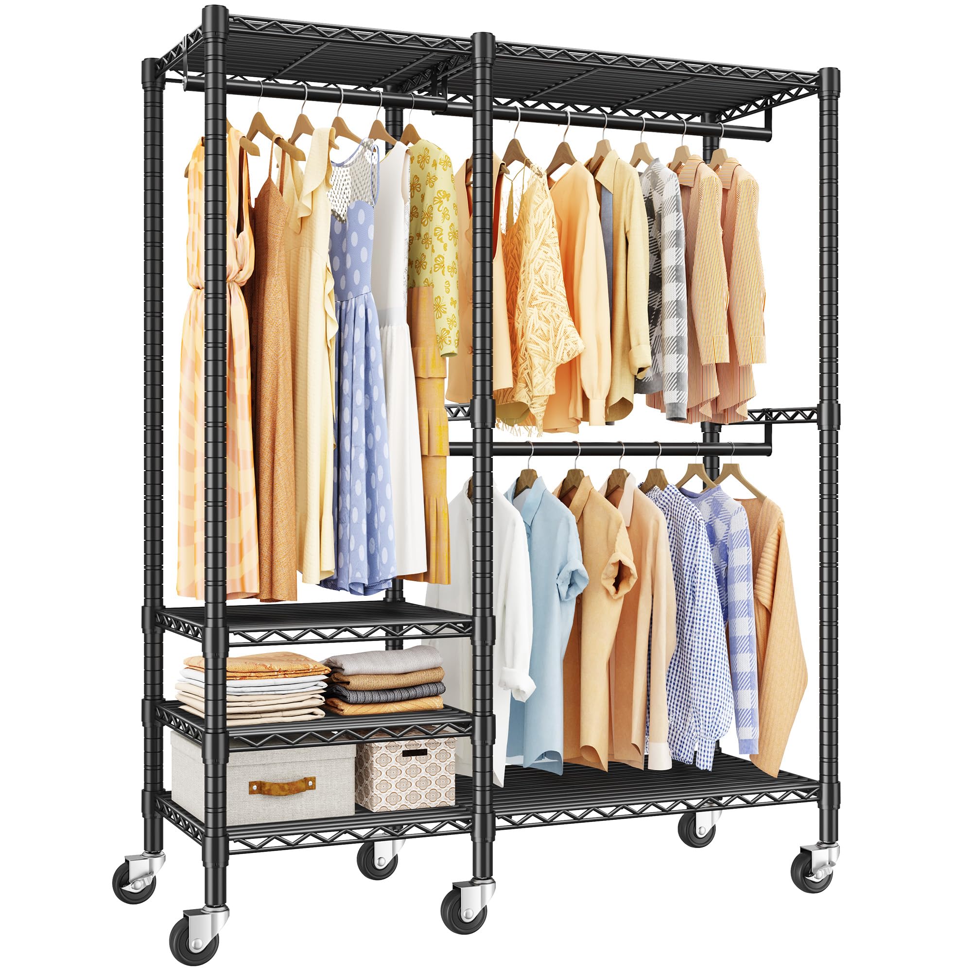 Raybee Heavy Duty Clothes Rack, Clothing Racks for Hanging Clothes, Portable Closet with Wheels and 4 Tiers Adjustable Shelves, Rolling Garment Rack for Bedroom, Black