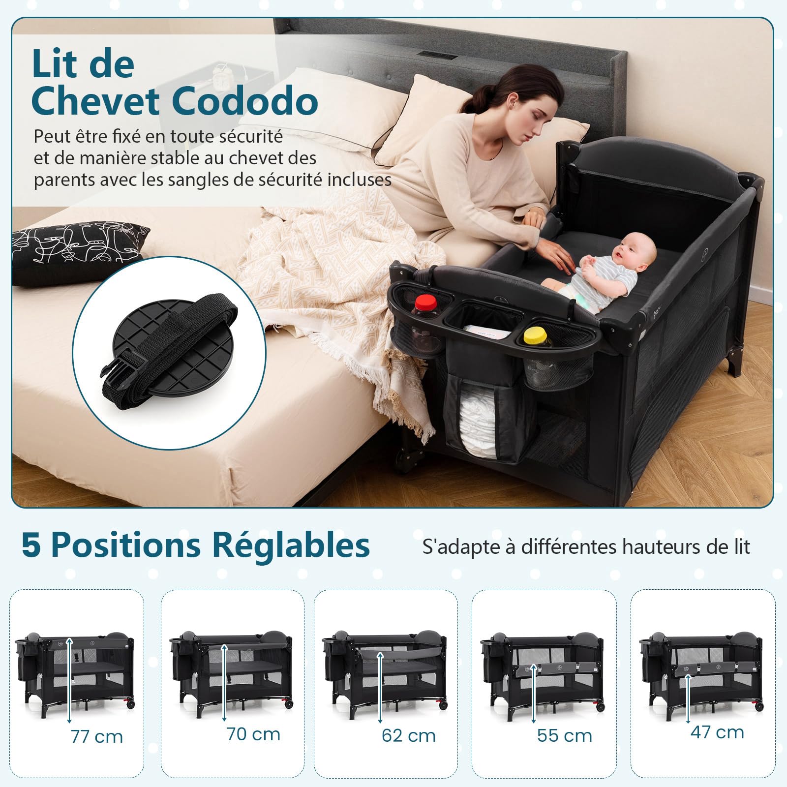 COSTWAY 5 en 1 Lit Parapluie Bébé avec Matelas Moustiquaire Table à Langer, Lit de Voyage Hauteurs Réglables, Charge Max 15kg 0-3 Ans