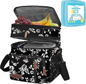 MIYCOO Lunch Bag Lunch Box for Women Men Double Deck Insulated Cooler Bag & 2PC Ice Packs for Lunch Boxes