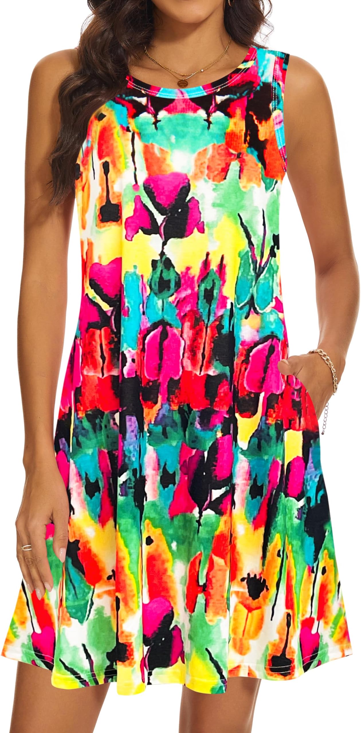 Summer Dresses for Women 2026 Casual Sundresses Beach Cover Ups Sleeveless Tshirt Swing Dress with Pockets