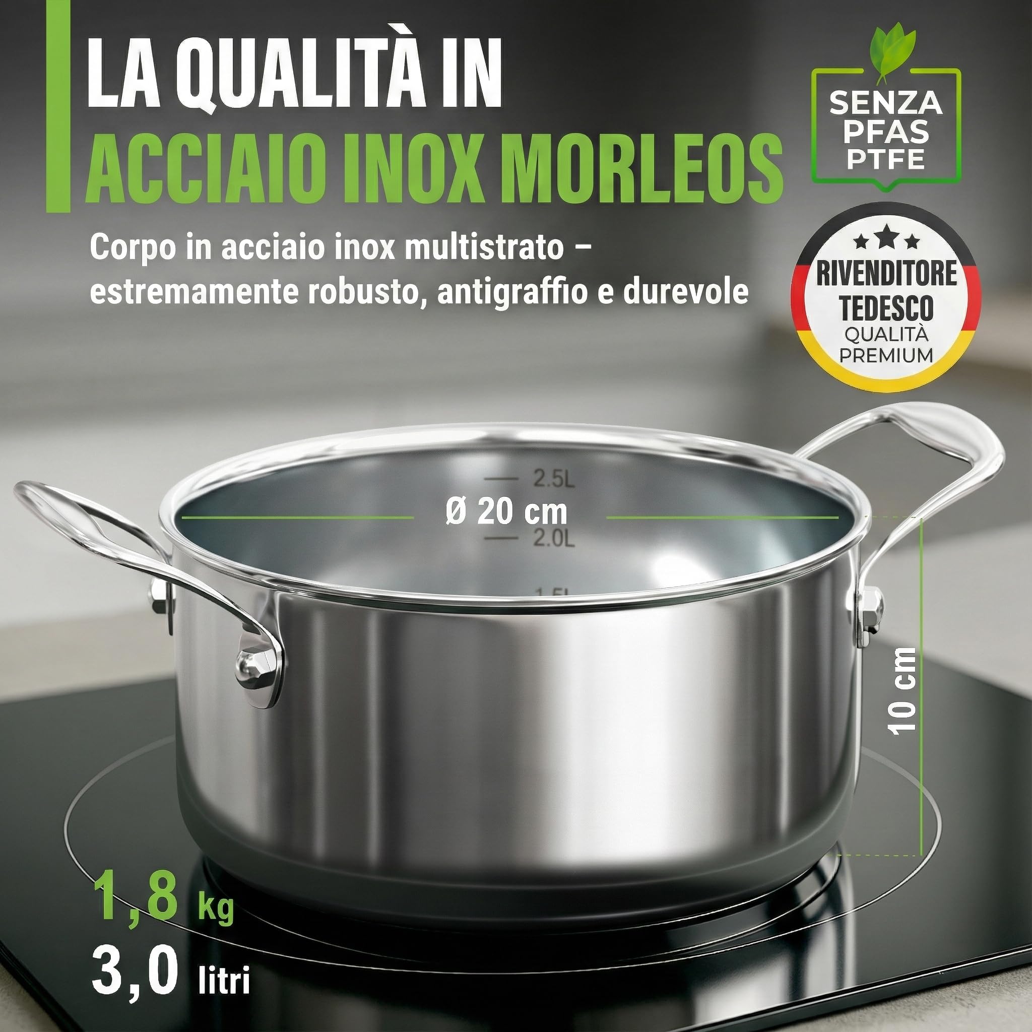 Pentola Ø 20 cm 3 l – 1,8 kg – altezza 10 cm – pentola in acciaio inox a induzione – moderno coperchio piatto in vetro – 5 strati – piccola pentola a risparmio energetico