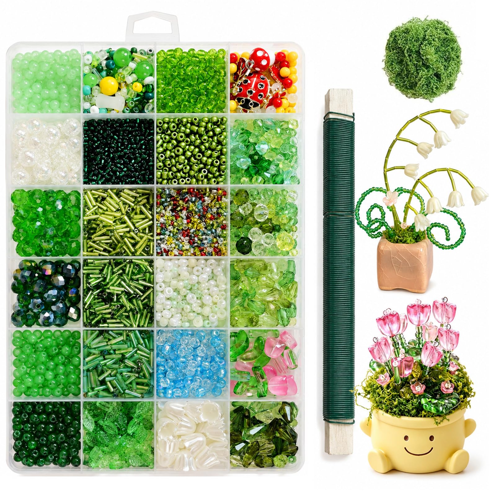 htdayang 2800 PCS Green Beads Ket with Green Beads, Leaf Bead, Metal Wires