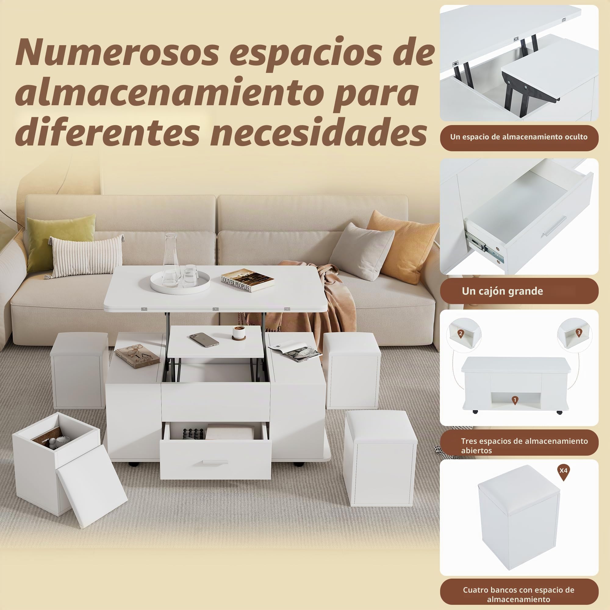 Mesa De Centro Regulable En Altura, Mesa De Sofá Móvil, Mesa De Centro Multifunción 4 En 1, Convertible En Mesa De Salón Comedor, Con Cajones, Con 4 Taburetes, Color Blanco