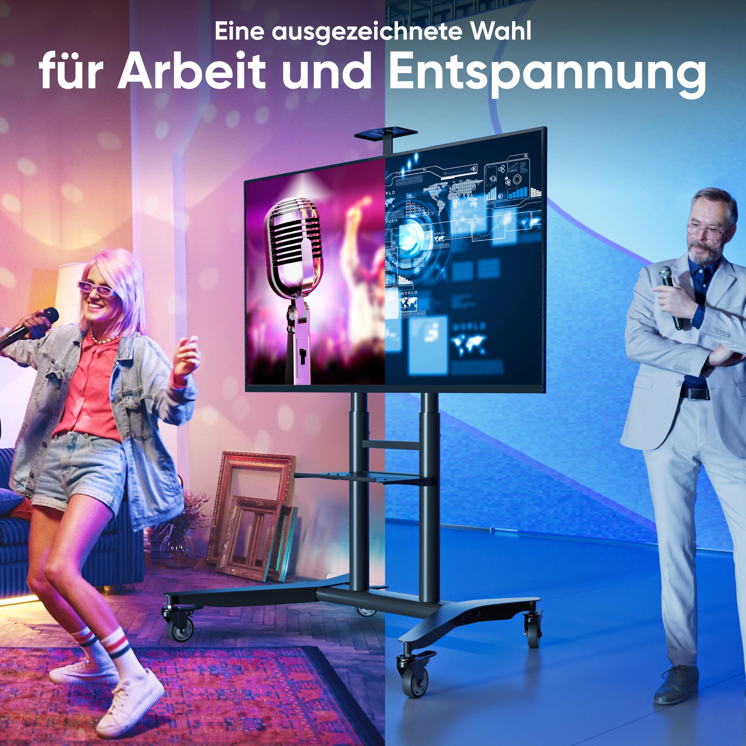 ONKRON TV Ständer rollbar für 55-90 Zoll Fernseher, max Belastung 90 kg, TV Rollwagen höhenverstellbar, VESA 200x200-800x600, professioneller Fernsehständer mit Rollen, Ablage Schwarz TS1871-B