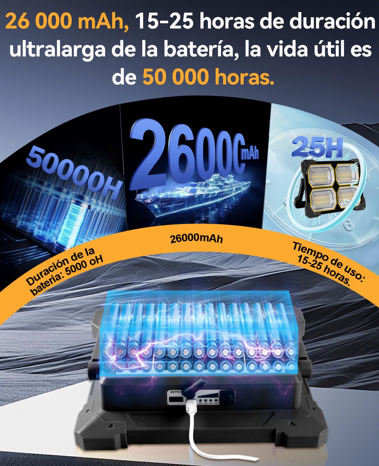 Foco Led Recargable 300W Linterna Solar Recargable 26000Ahm luz led recargable IP66 focos led exterior bombilla Recargable para Pesca,Construción,Garaje,Emergenc,Trabajo