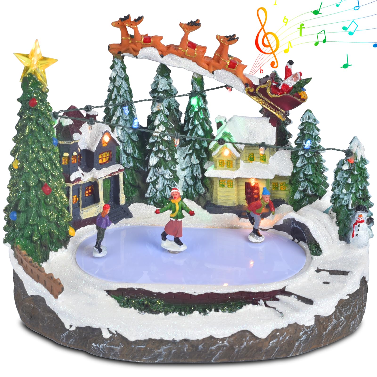 Christmas Village Ice Skating Pond Animated Decorations, Lighted Musical Winter Snow Village House Rink Building Figurine with Skaters Santa Sleigh and Reindeer, LED Light Up Holiday Indoor Town Decor