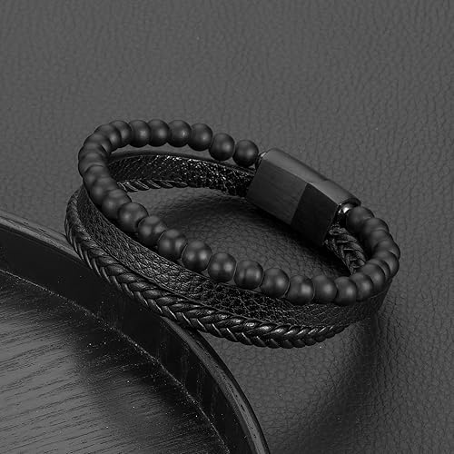 Miniatura 6 de Pulseras de cuentas de cuero para hombre, ojo de tigre natural, piedra de lava, cuentas de piedra de roca de lava, cierre magnético, pulseras de