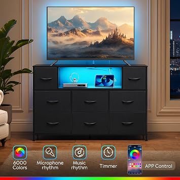 LED TV Stand for 55 Inch TV, 8 Drawers, Black