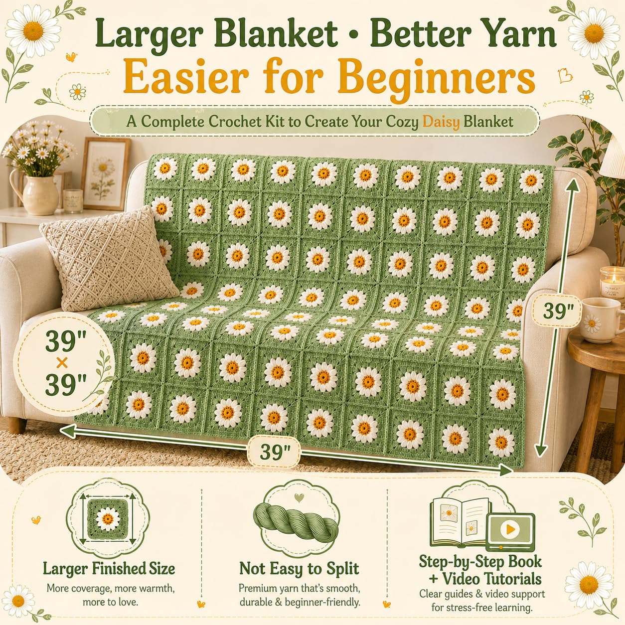 Coopay Häkelset für Anfänger und Erwachsene, Großes Granny Square Decken Set