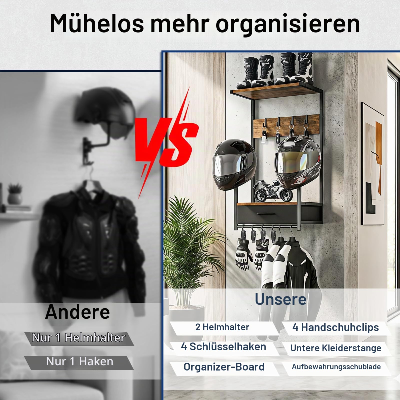 Housolution Motorradhelm Wandhalterung mit Stoffschublade | 4 Handschuhchips und 4 Haken für Reitanzüge & Zubehör, Helmständer Display für Fahrrad-, Baseball- und Rugbyhelme