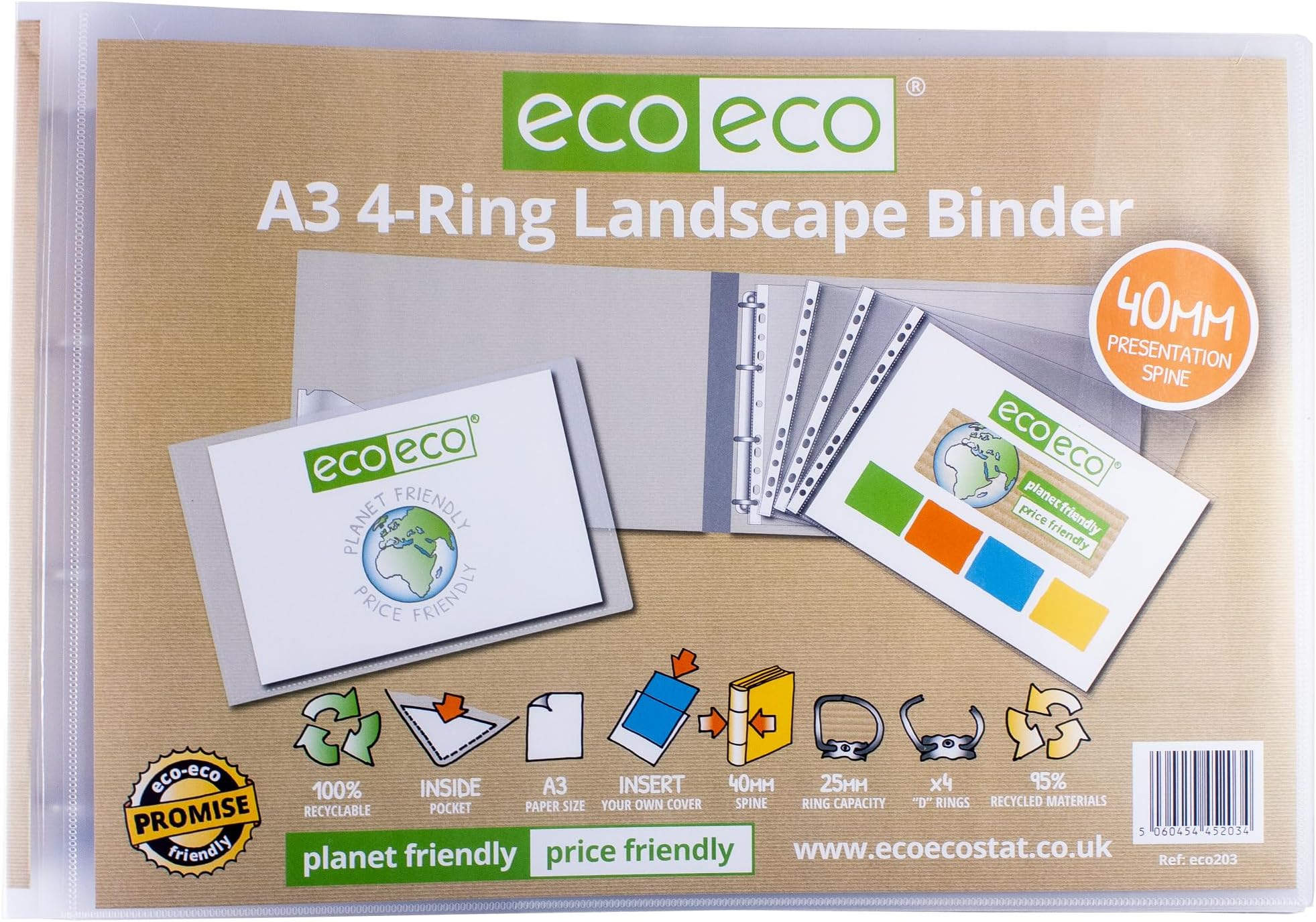 eco-eco A3 95% Recycled 4-D Landscape Clear Presentation Ring Binder File Folder, 40mm Spine, Artwork Portfolio, eco203