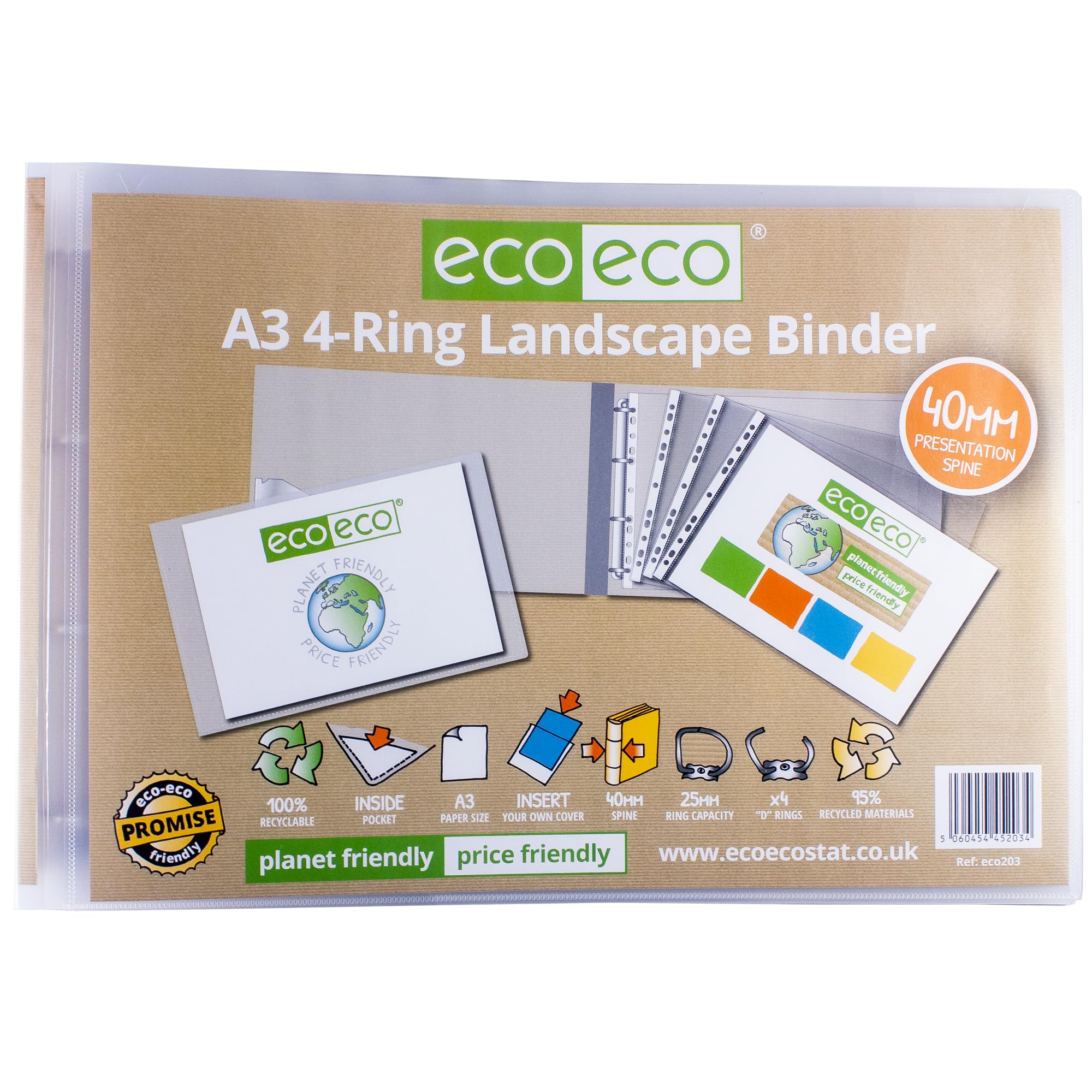 eco-eco A3 95% Recycled 4-D Landscape Clear Presentation Ring Binder File Folder, 40mm Spine, Artwork Portfolio, eco203