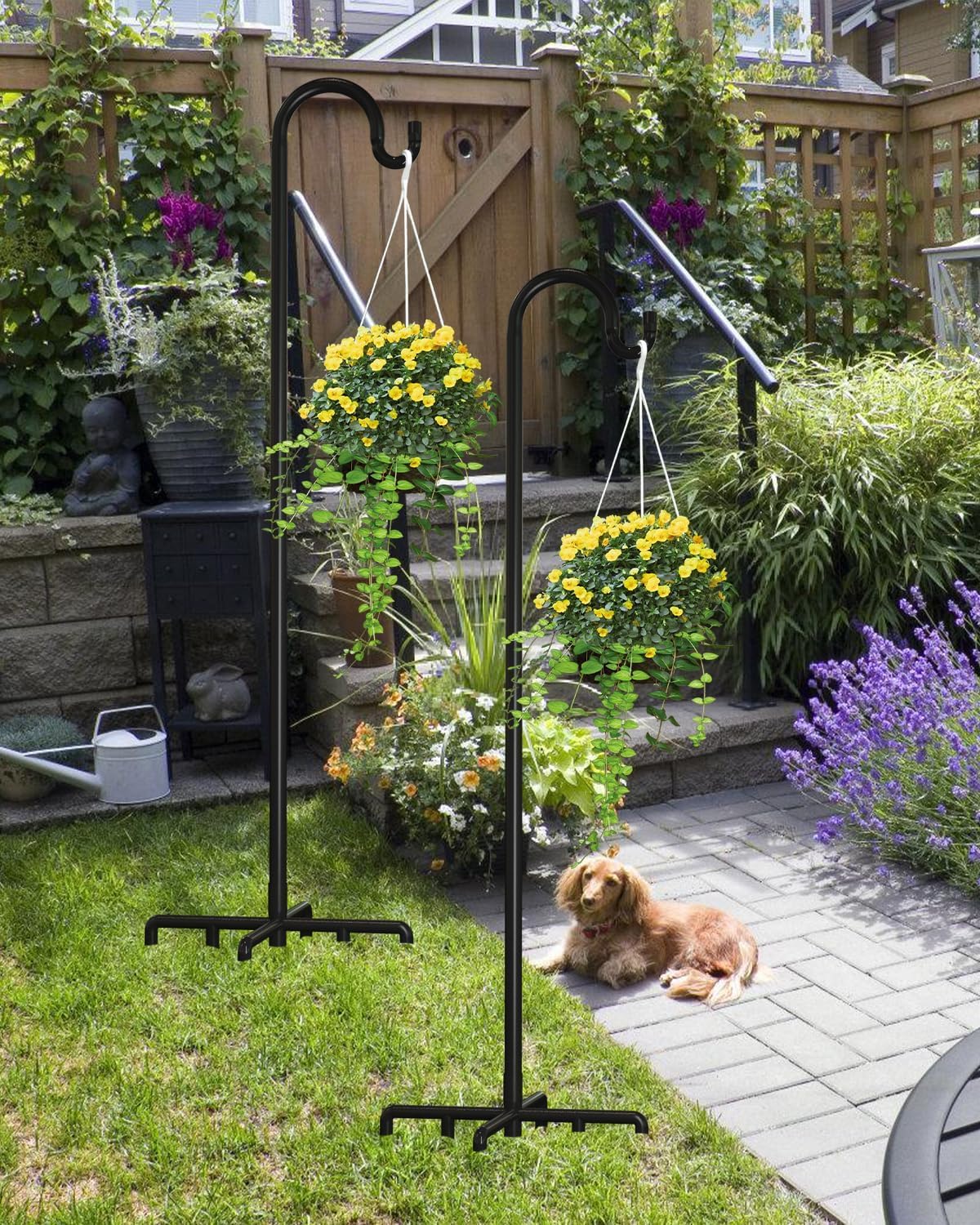 Breeze Touch 2Pack 92 Inch Adjustable Shepherd Hooks for Outdoor Outside, Heavy Duty with 7 Prongs Base, for Hanging Lantern, Hummingbird Feeder, Lightweight Plant, Wind Chime, Bird Feeder Hanger