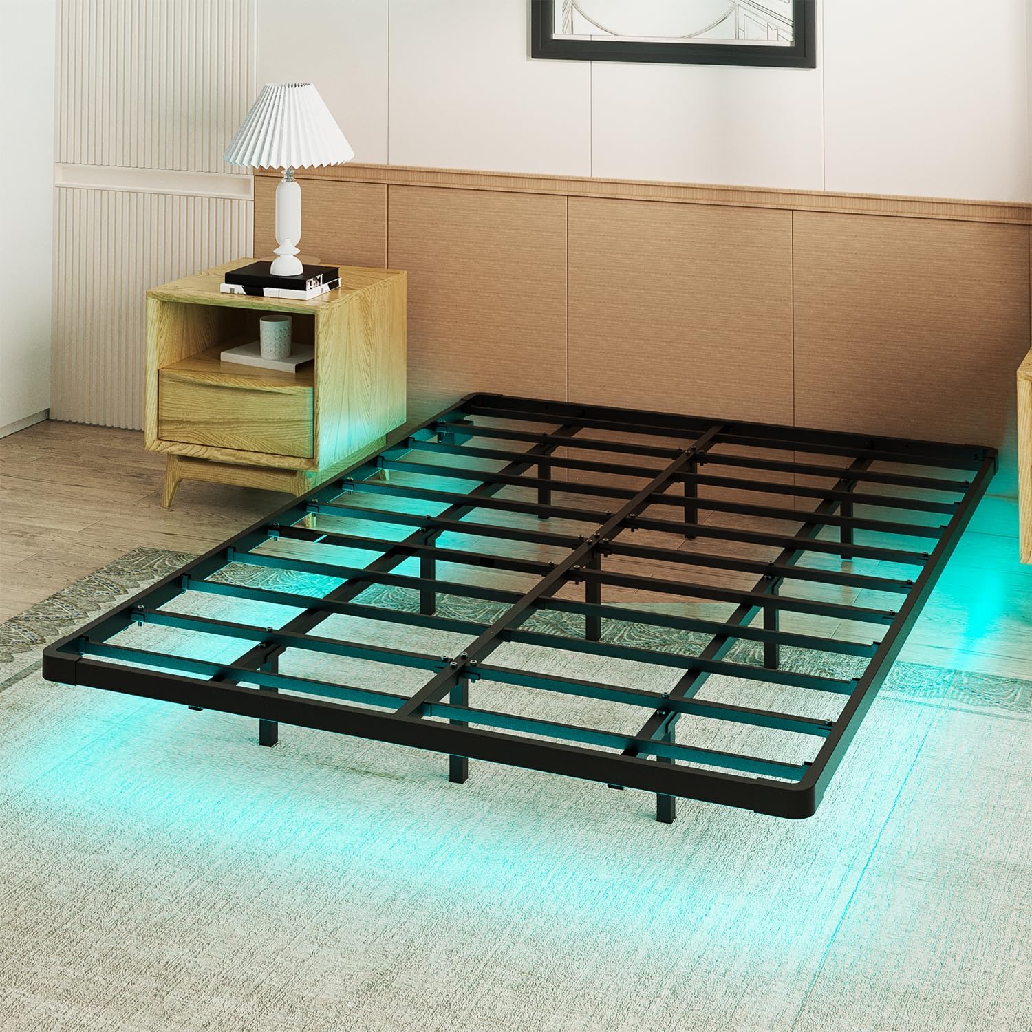 OLEVS Full Floating Bed Frame with Charging Station & Led Light, Platform Bed Floating Design Easy Assembly No Box Spring Needed