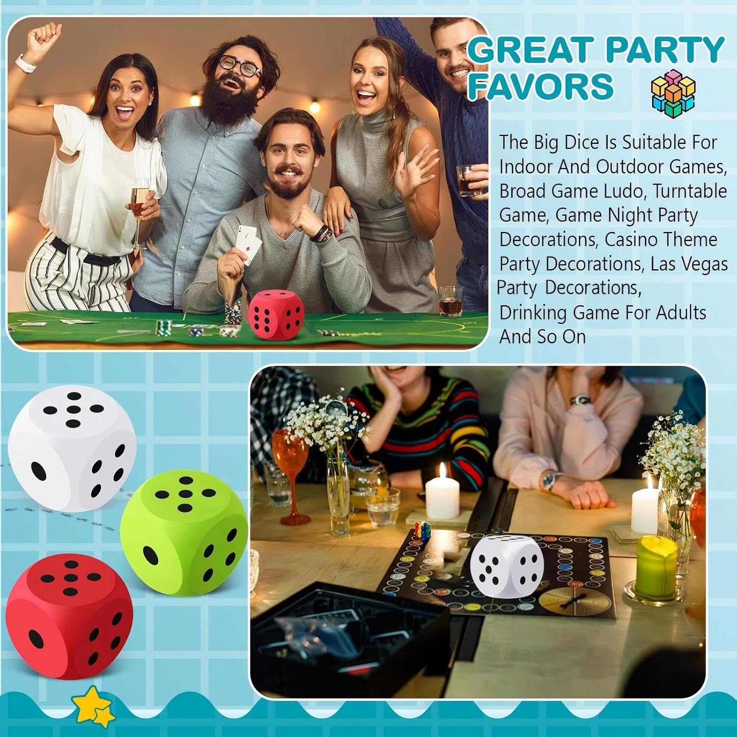 Shappy 3 Inches Foam Dice Fun Filled Large Educational Toy Kawaii Giant Decorative Eva Foam Jumbo Dice Big Square Building Blocks for Board Game Nights Learning Sessions(Red Green White,3 Pcs)