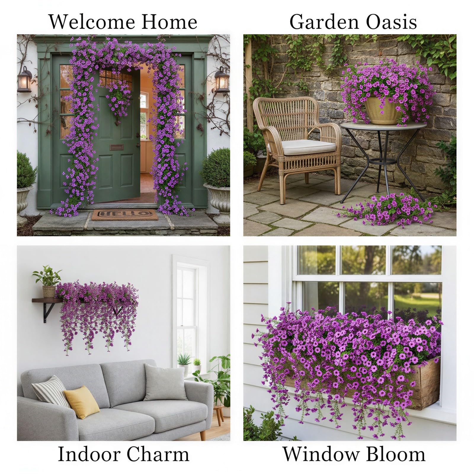 4 STK. Kunstveilchen, künstliche Veilchenpflanzen, sonnenresistent, mit Eukalyptus-Design, natürlich hängende Optik für Veranda, Haustür, Garten, Fenster und Außendeko, für drinnen und draußen