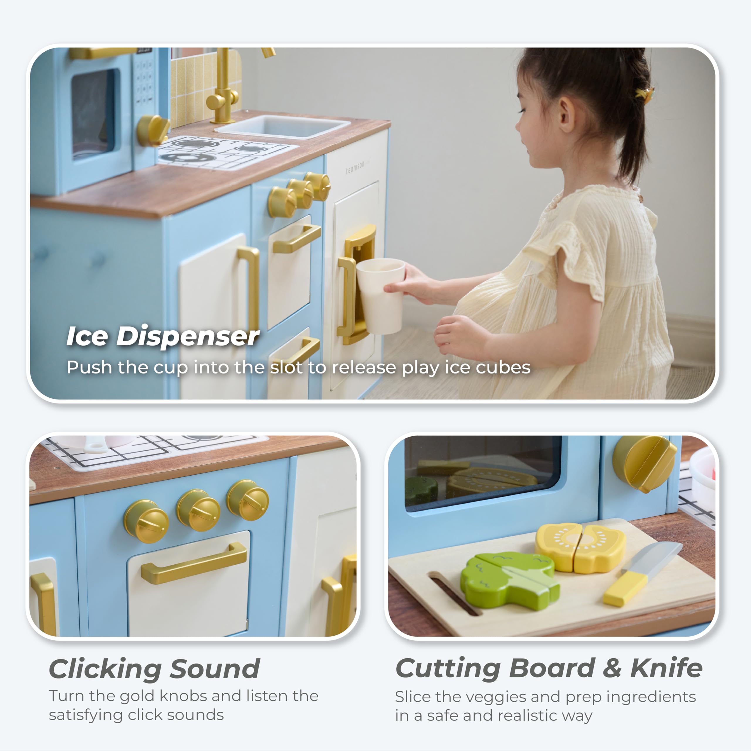 Teamson Kids Little Chef Hampton - Set da cucina in legno con erogatore di ghiaccio, lavandino, manopole per piano cottura, contenitore e 17 accessori inclusi per i più piccoli