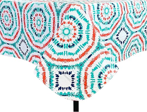 Mantel de vinilo con parte trasera de franela de teñido anudado naranja y azul aguamarina divertido y fácil de limpiar para cocinar al aire libre,