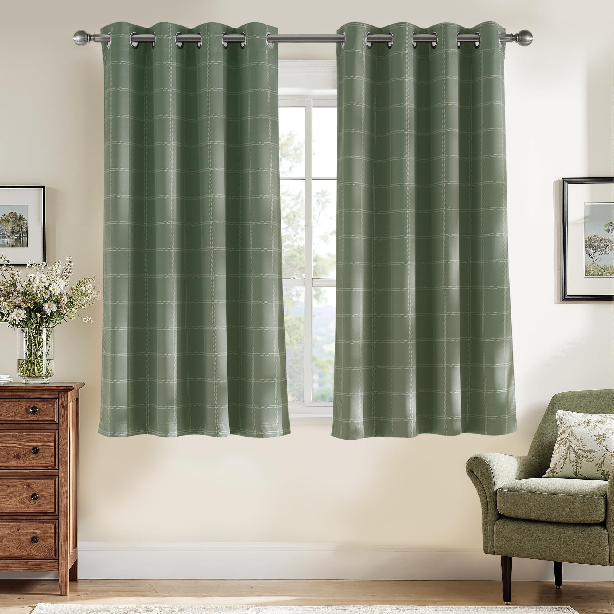 PONY DANCE Full Blackout Tartan Christmas Curtains with Eyelets - 46x72 Inch (W x L) Thermal Insulated Check Curtains Green for Bedroom and Living Room, 2 Panels โ image 1