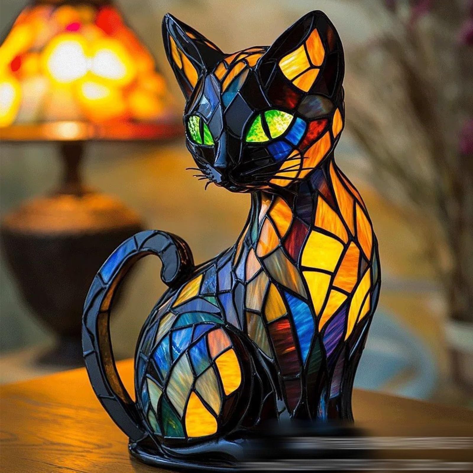 HOPASRISEE Tiffany Cat Lamp, Mosaic Cat Lamp, LED Lamps Corgi/Pug/ - Handmade Resin Bedside Lamps, Home Decor for Bedroom Lighting for Cats and Dog Lovers [Energy Class A](A)