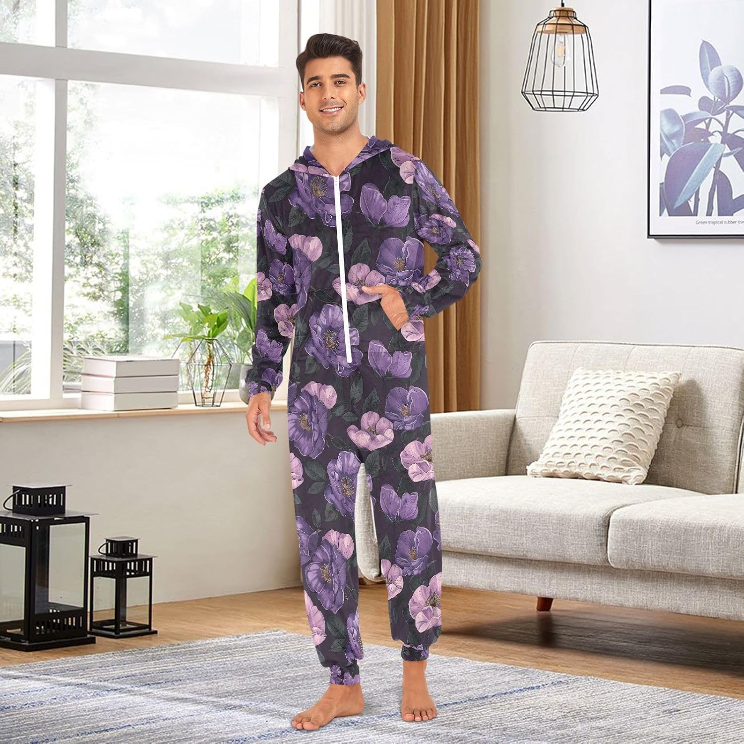Purple Poppy Flower Black Adult Onesie Pajamas Novelty One Piece Costume Sleepwear Jumpsuits Matching PJS