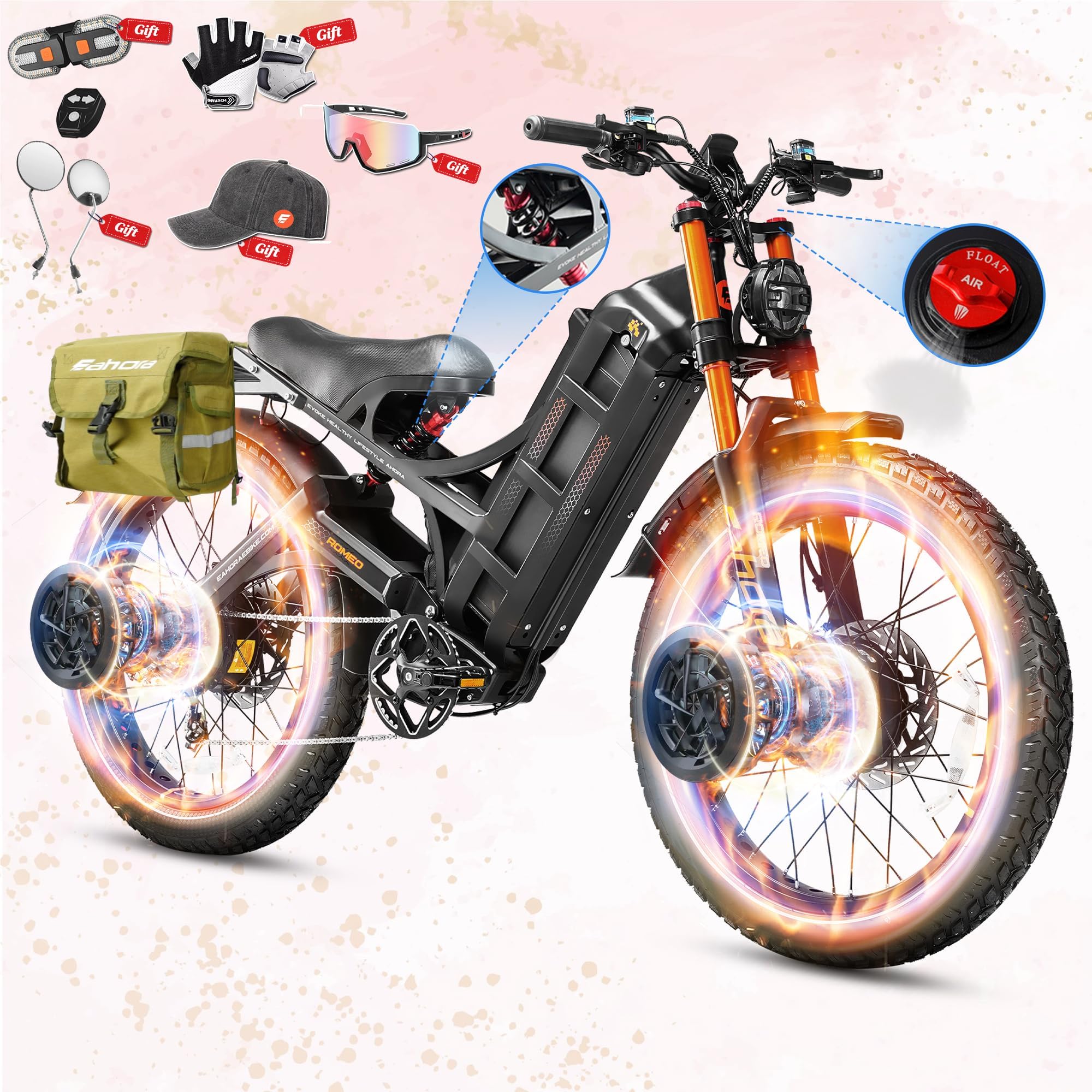 eAhora 2026 Romeo Pro 3/2 50-46Mph Electric Bike for Adults 5600W/4000W/2500W Dual Motor Ebike 60V/80Ah 52V/70Ah Long Range Fat Tire Full Suspension Electric Mountain Bicycle