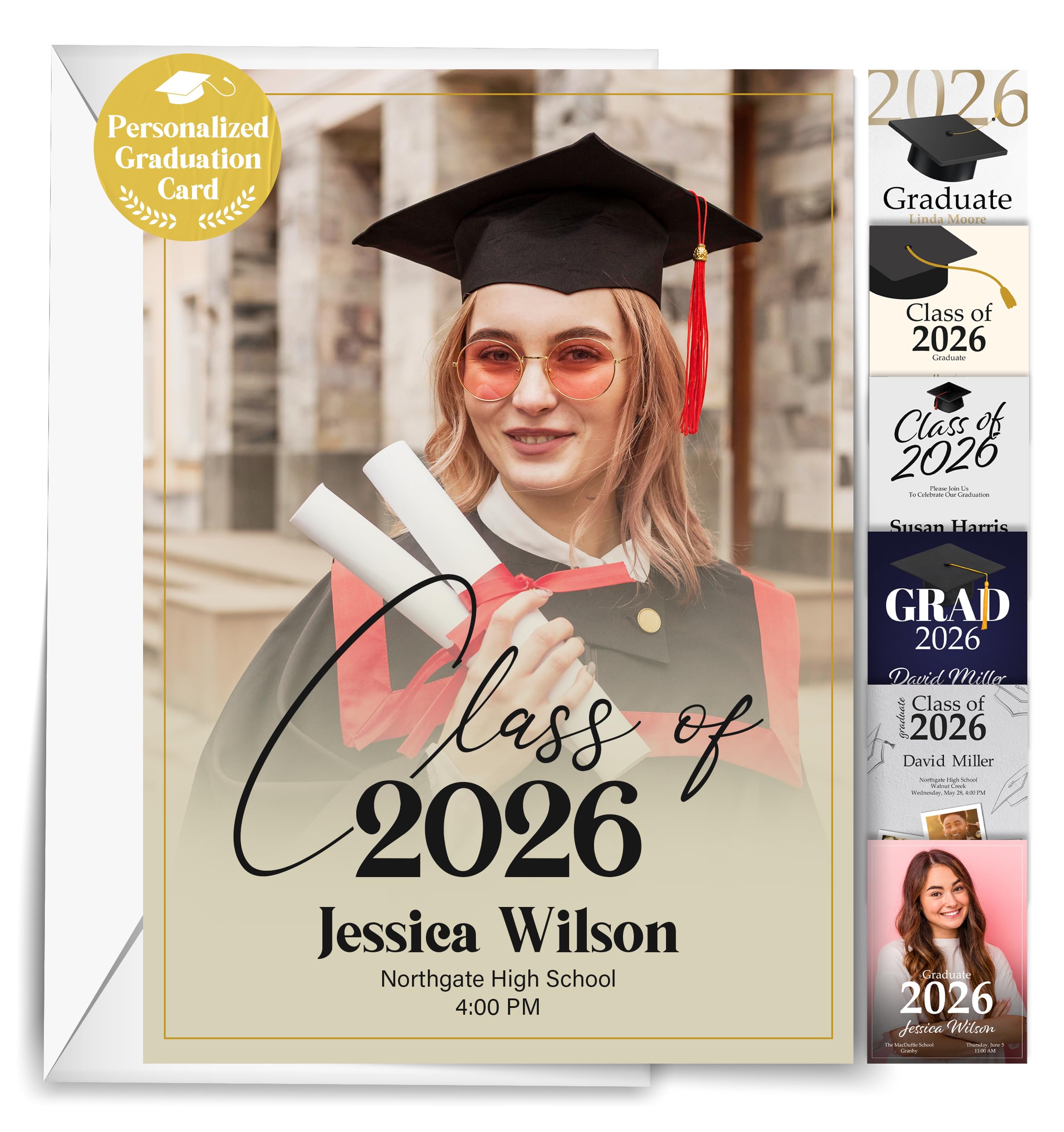 Printualist Personalized Graduation Cards - Custom 5x7 Flat Greeting Cards, Class of 2026, Set of 10-250 with White Envelopes