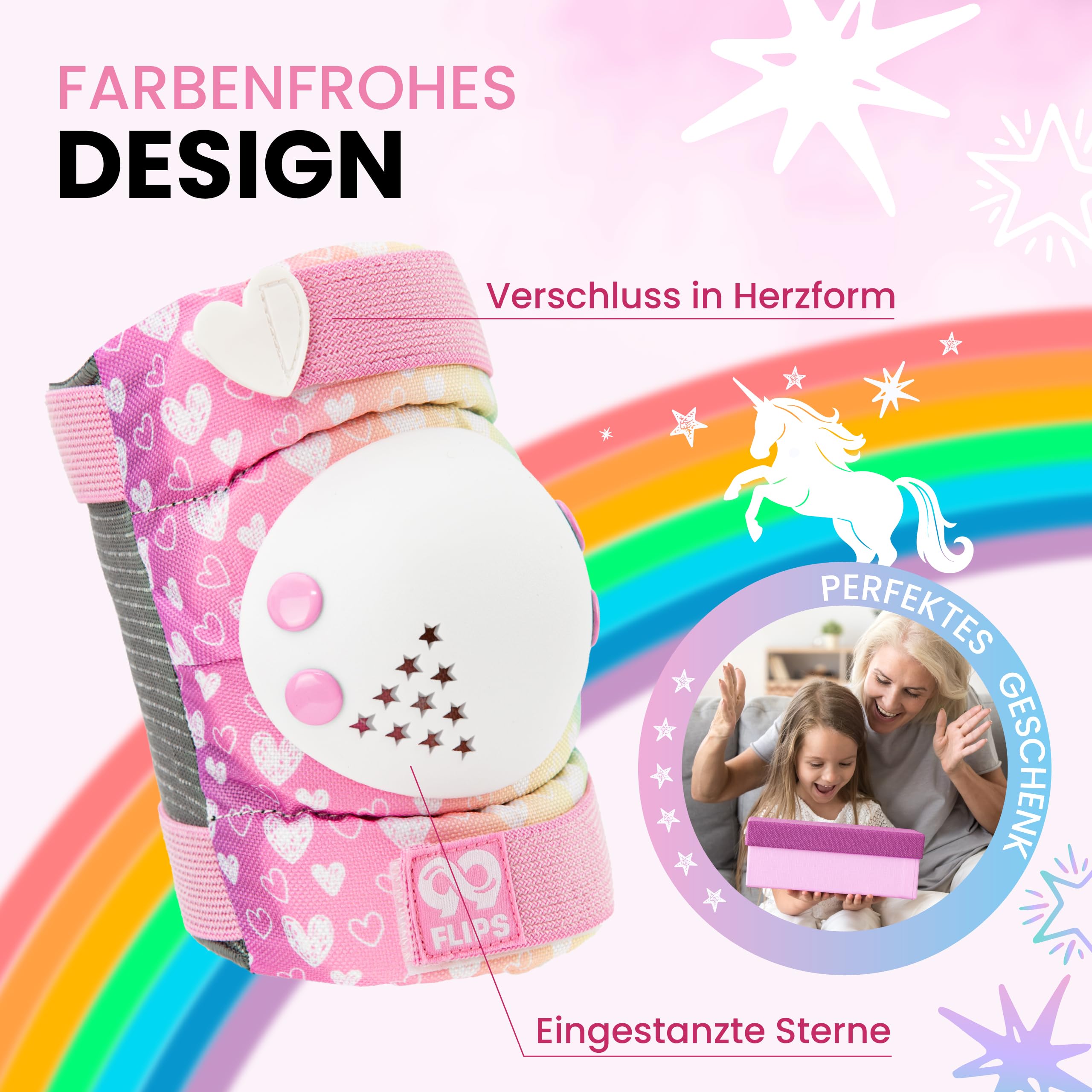 99FLIPS Inliner Schoner Kinder Set - TÜV Rheinland GS Zertifiziert [6er Set] mit Einhorn Beutel für Skateboard und Inline Skates - Knieschoner, Ellenbogen Schoner und Handschützer