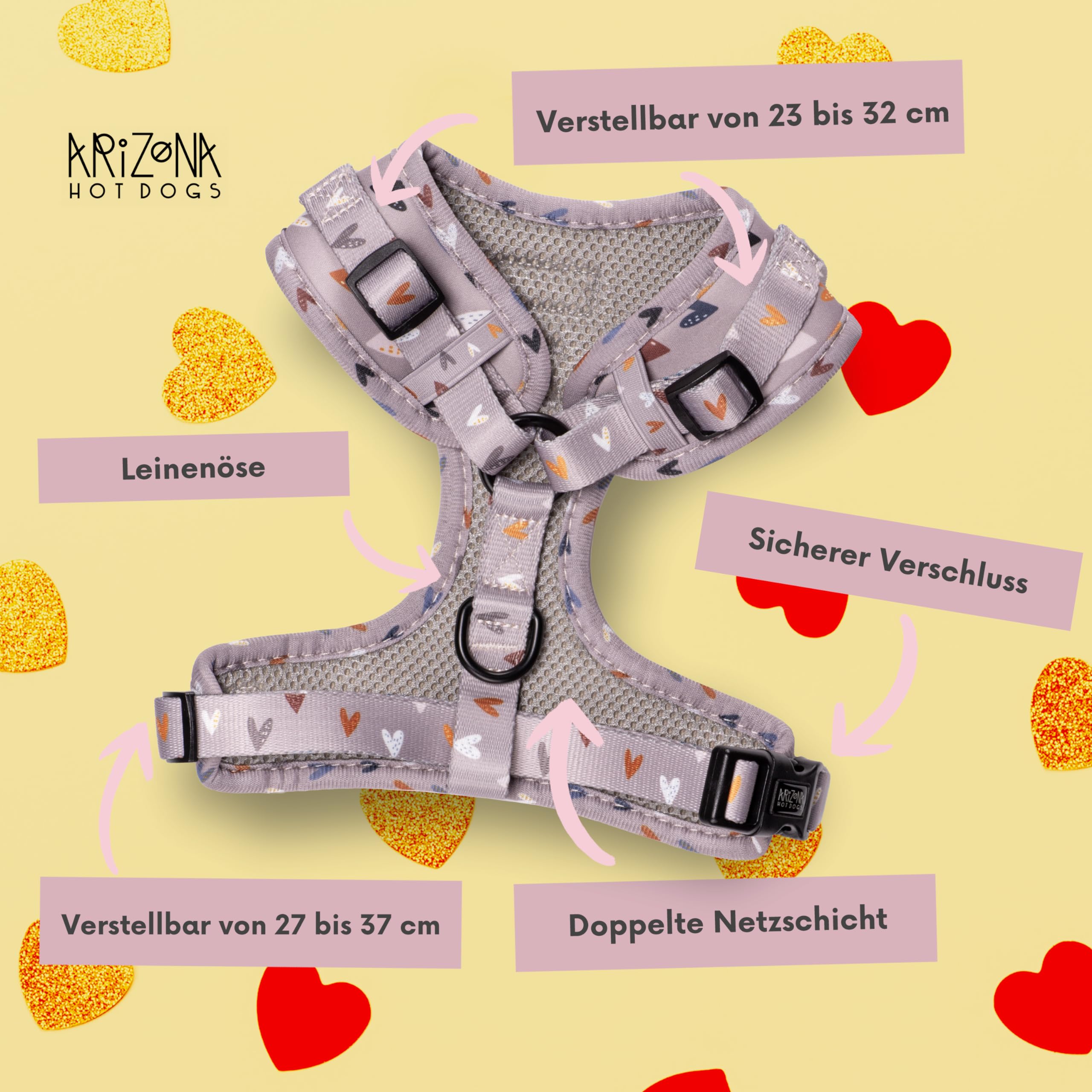 Hundegeschirr mit Leine für kleine Hunde | Arizona Hotdogs Softgeschirr Sweet Love | Leine Nylon 1,5m | Herzmuster | (XXS)