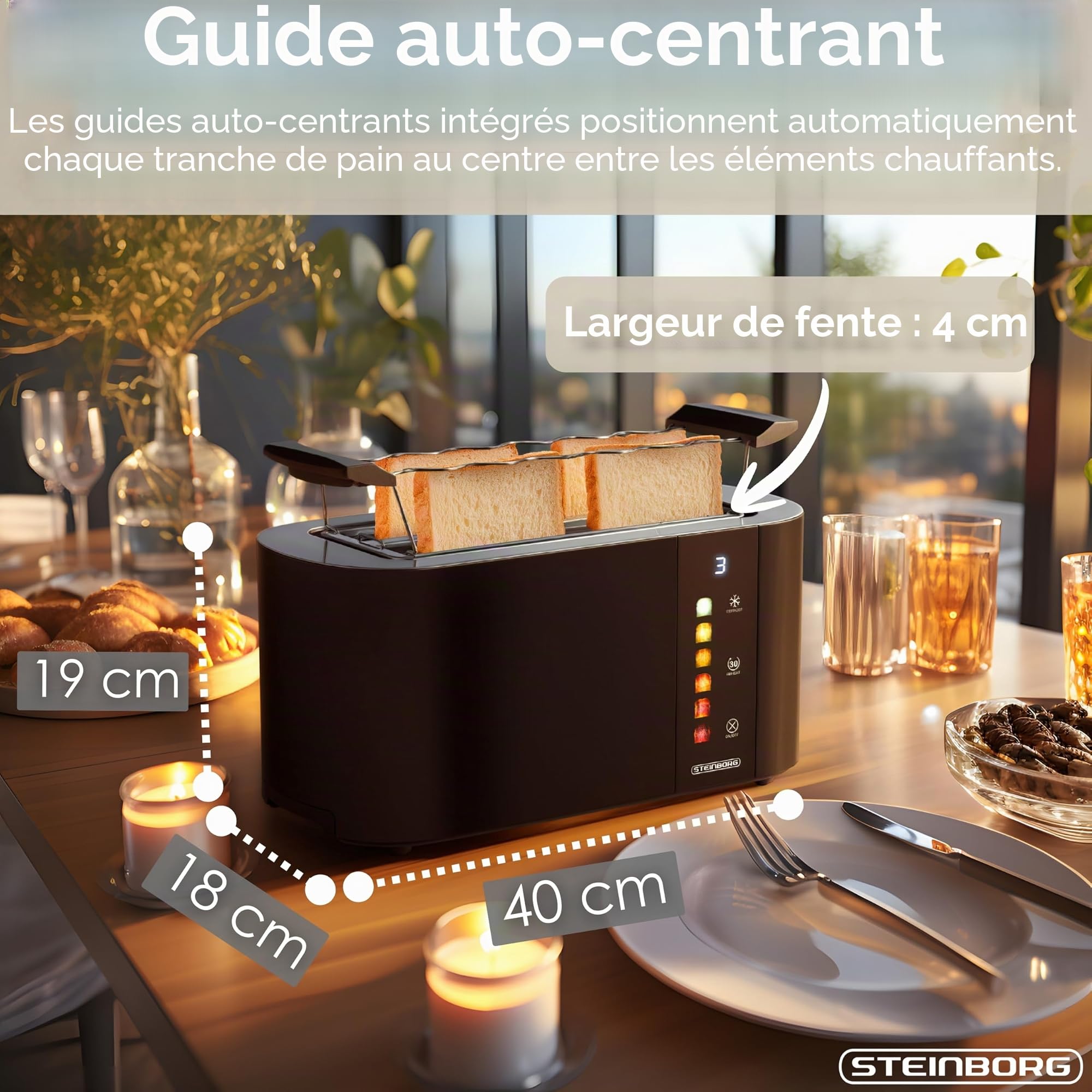 Steinborg® Grille-pain automatique 4 tranches avec grille à viennoiseries, grille-pain à longues fentes, fonction de levage automatique sans levier - Tapis de toast, affichage numérique, centrage du