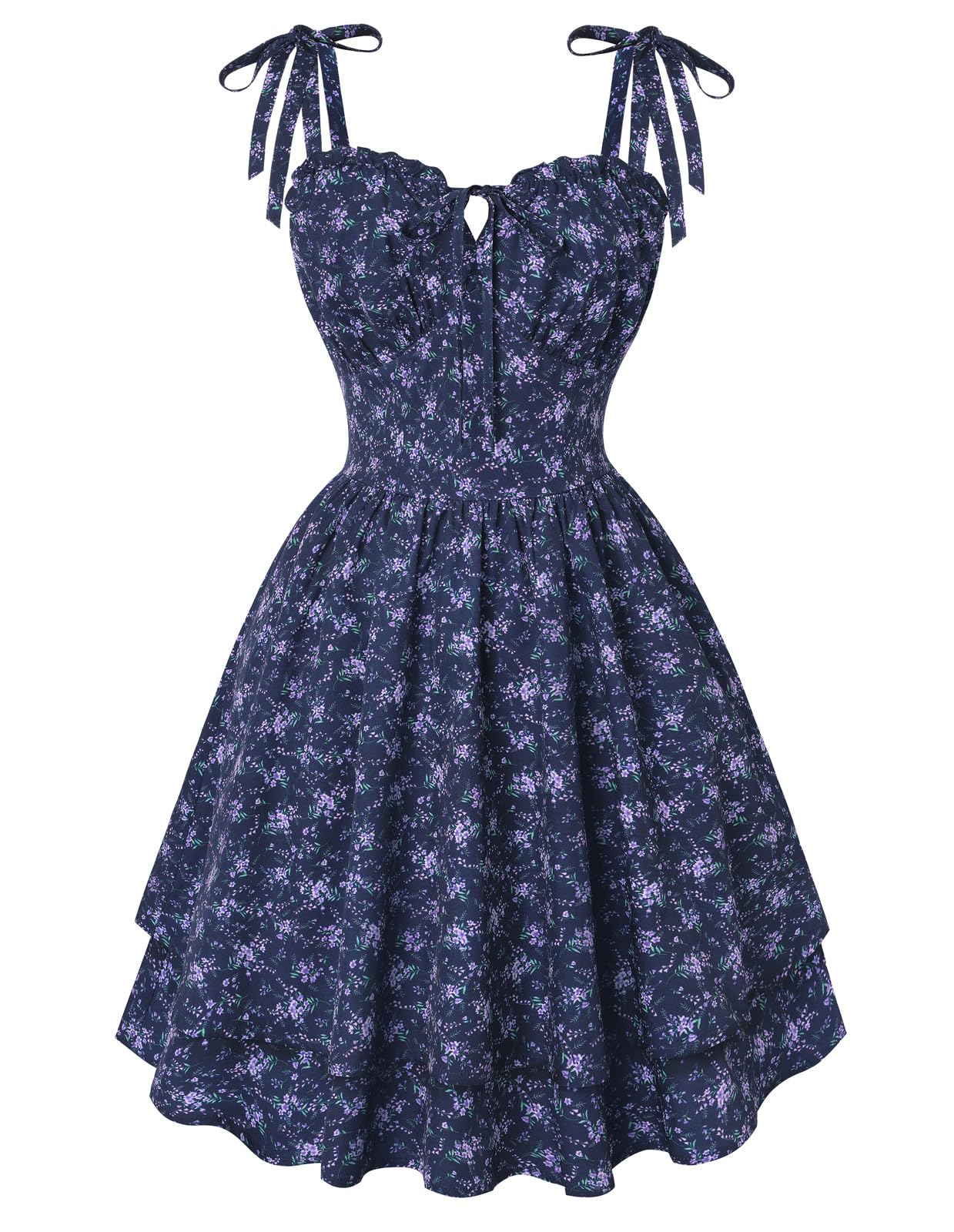 SCARLET DARKNESS Damen Floral Kleid Teens Sommer Verstellbare Krawatte Schulter Korsett Sundress Tiered Saum Minikleider Navy Lila Blume S