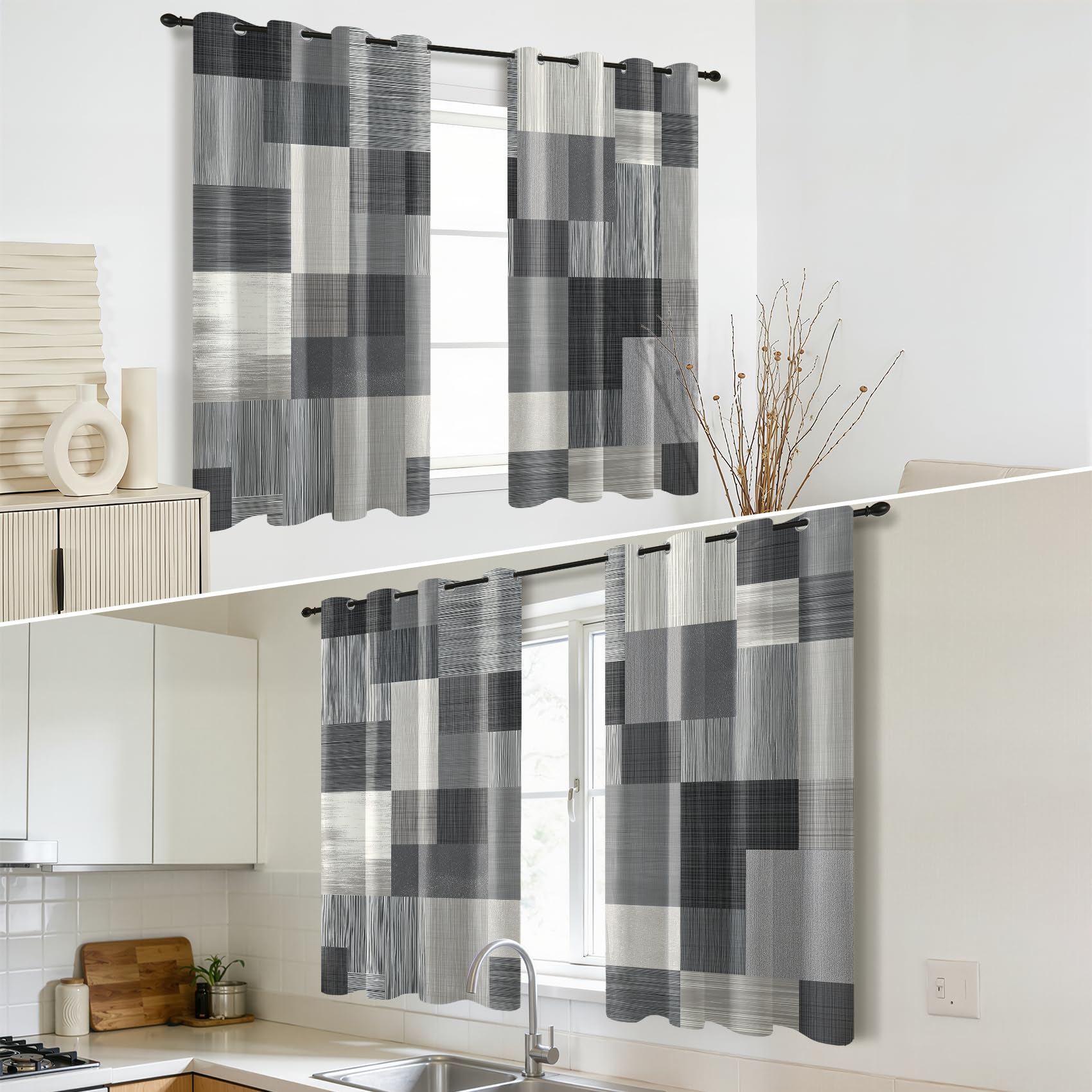 Mistela Graue Vorhänge, moderner geometrischer Schlafzimmervorhang, Ösen, Verdunkelung, wärmeisoliert, kleine Fenstervorhänge für Wohnzimmer, B 46 x T 72 cm, 2 Paneele, minimalistische