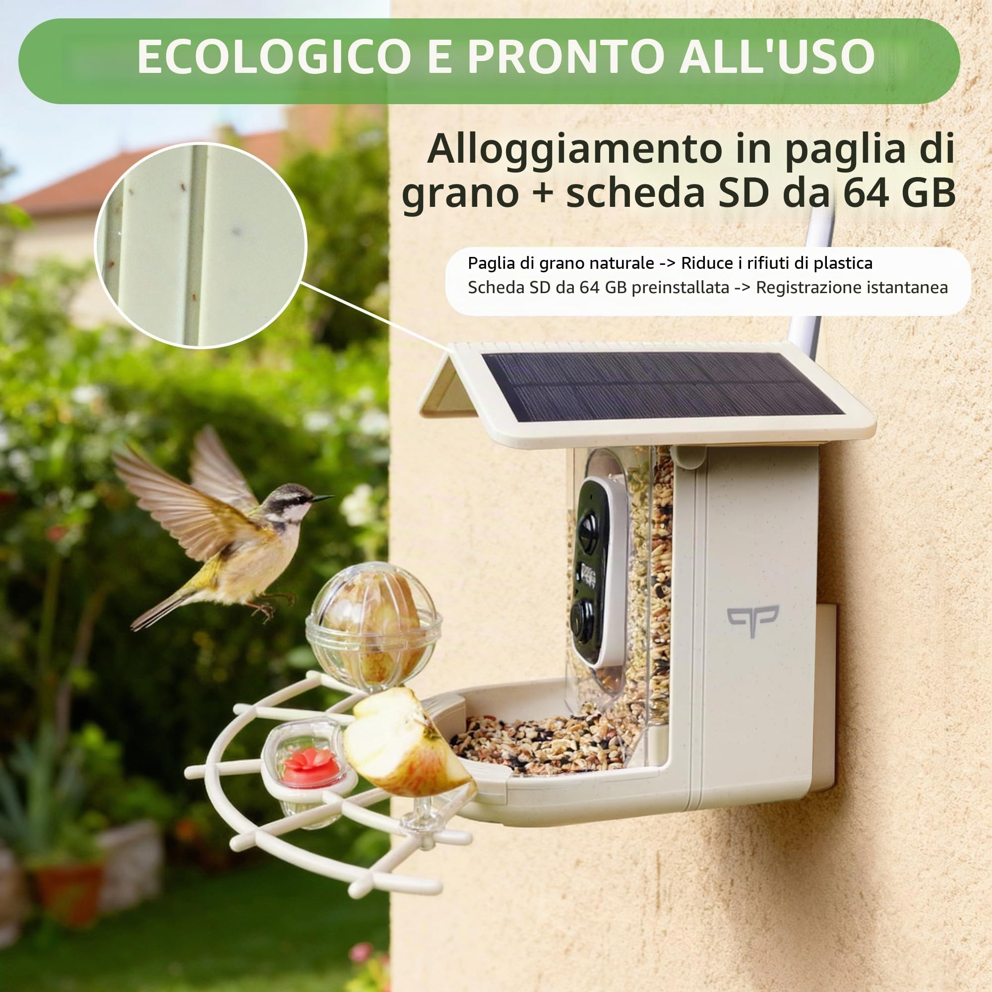 Origem Mangiatoia Per Uccelli Paglia di Grano con Telecamera e 64GB SD, Video 2K HD AI Identifica, 1.7L IP66 5200mAh Energia Solare Esterno Casetta Anti-scoiattolo per Cortile Fattoria Giardino Bosco