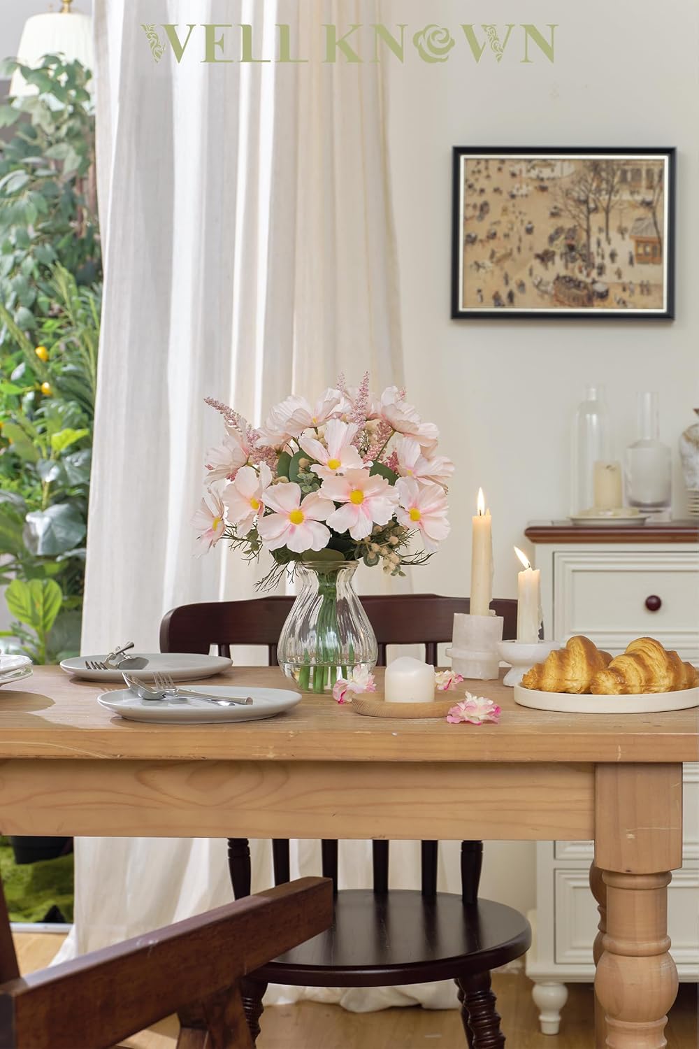 WELL KNOWN Artificial Flowers in Vase for Spring Home Decor, Fake Silk Pink Flowers with Glass Vase with Fake Water, Fake Astillbe Eucalyptus for Wedding Party Bathroom Farmhouse Kitchen Dining Table - Image 4