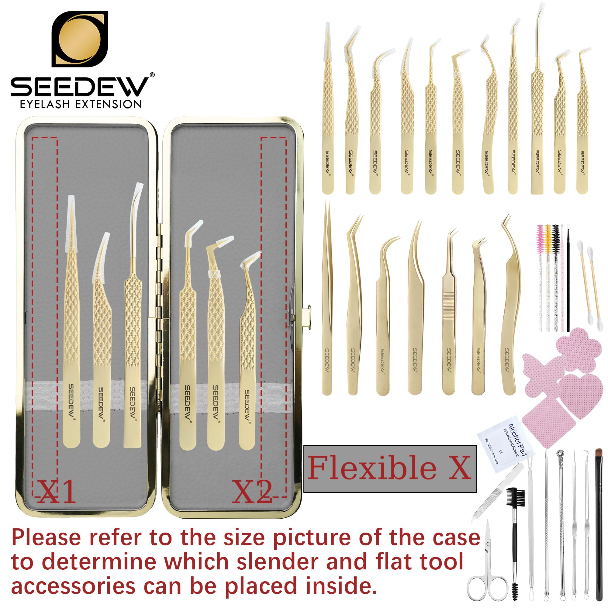 Set di pinzette per extension per ciglia (1 custodia + 6 pinzette) G-01+04+05+06+09+10, pinzette di precisione a punta isolanti e a griglia e punta in fibra, 8 posizioni, kit organizer per