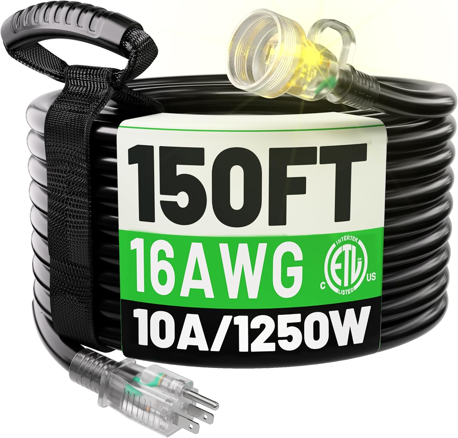 150FT 16 Gauge Black Outdoor Extension Cord Waterproof, 3 Prong Flexible Cold Weatherproof -58? Heavy Duty Extension Cord, 10 AMP 1250W SJTW, ETL Listed