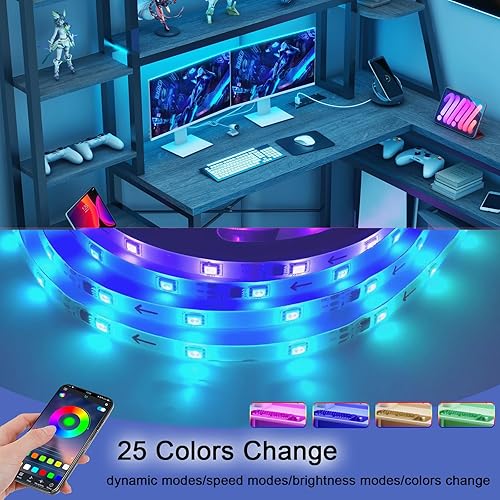 Miniatura 3 de Vabches Escritorio para computadora en forma de L de 64 pulgadas con luces LED y tomas de corriente, escritorio para juegos en forma de L con