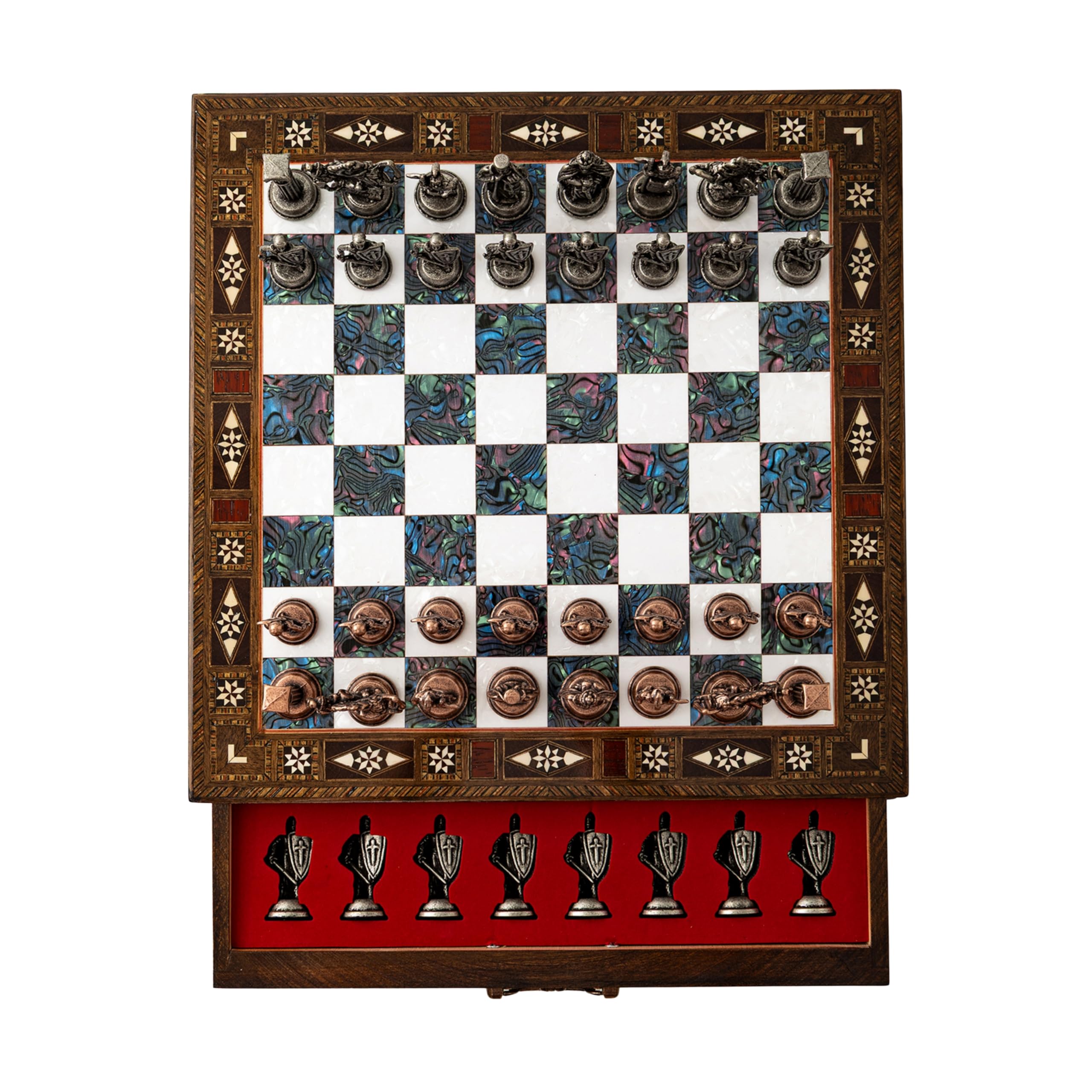 Luxury Handmade Wooden Chess Set with Metal Pieces – 12.2'' Decorative Storage Chess Board – British Themed Chess Pieces for Christmas, Birthday & Father’s Day (Purple)