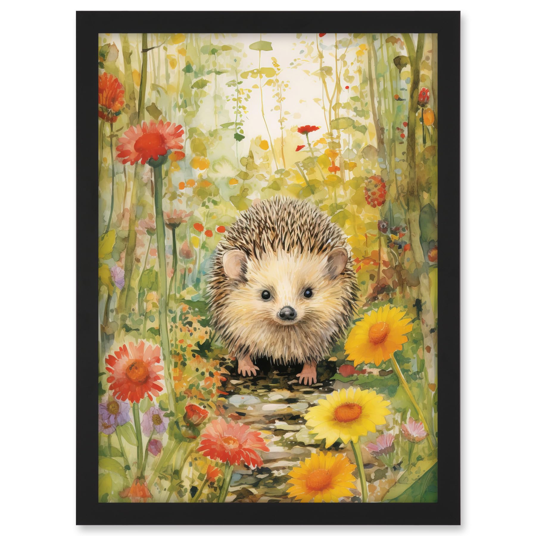 Artery8 Adorable Hedgehog in a Wildflower Meadow Watercolour Painting Kids Bedroom Cute Woodland Creature Artwork Framed A3 Wall Art Print