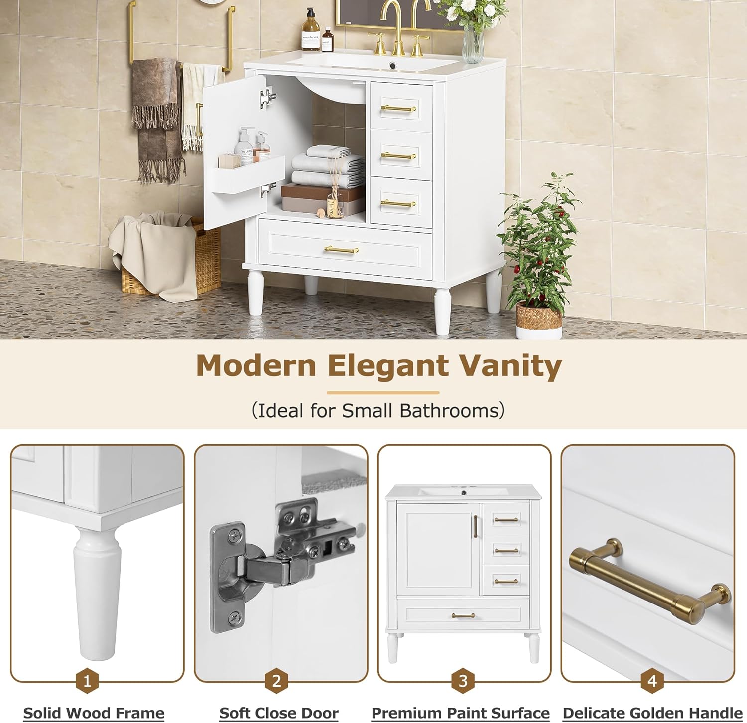 Merax 30" Bathroom Vanity with Sink, Floor Standing with 3 Drawers, Soft Close Doors with Long Gold Metal Handles, Perfect for Small Bathrooms, White