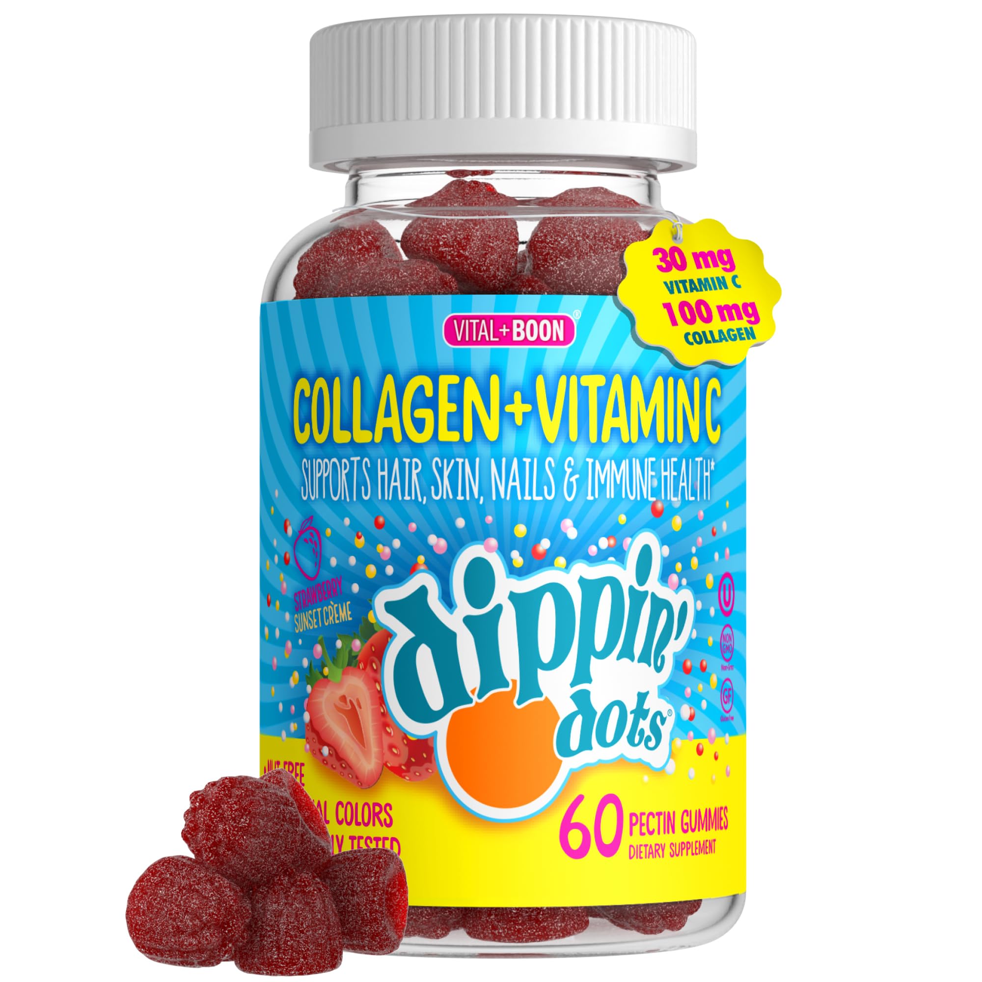 Dippin Dots - Collagen Vitamin C Gummies for Women Men Strawberry Sunset Cr me Flavor No Artificial Colors