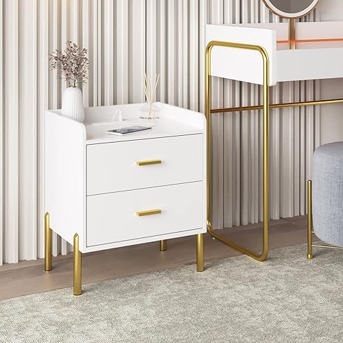 Miniatura 7 de Juego de 2 mesitas de noche blancas, mesa auxiliar moderna de mediados de siglo con estación de carga, mesita de noche de almacenamiento de granja