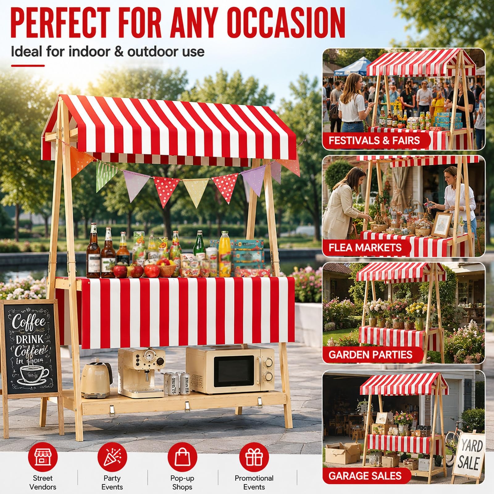 Bancarella da Mercatino Pieghevole in Legno Stand Vendita 2 Livelli con Tettoia Espositore | Bancarella da Mercatino Pieghevole Legno Stand Vendita 2 Livelli Espositore(Red,106cm/42")