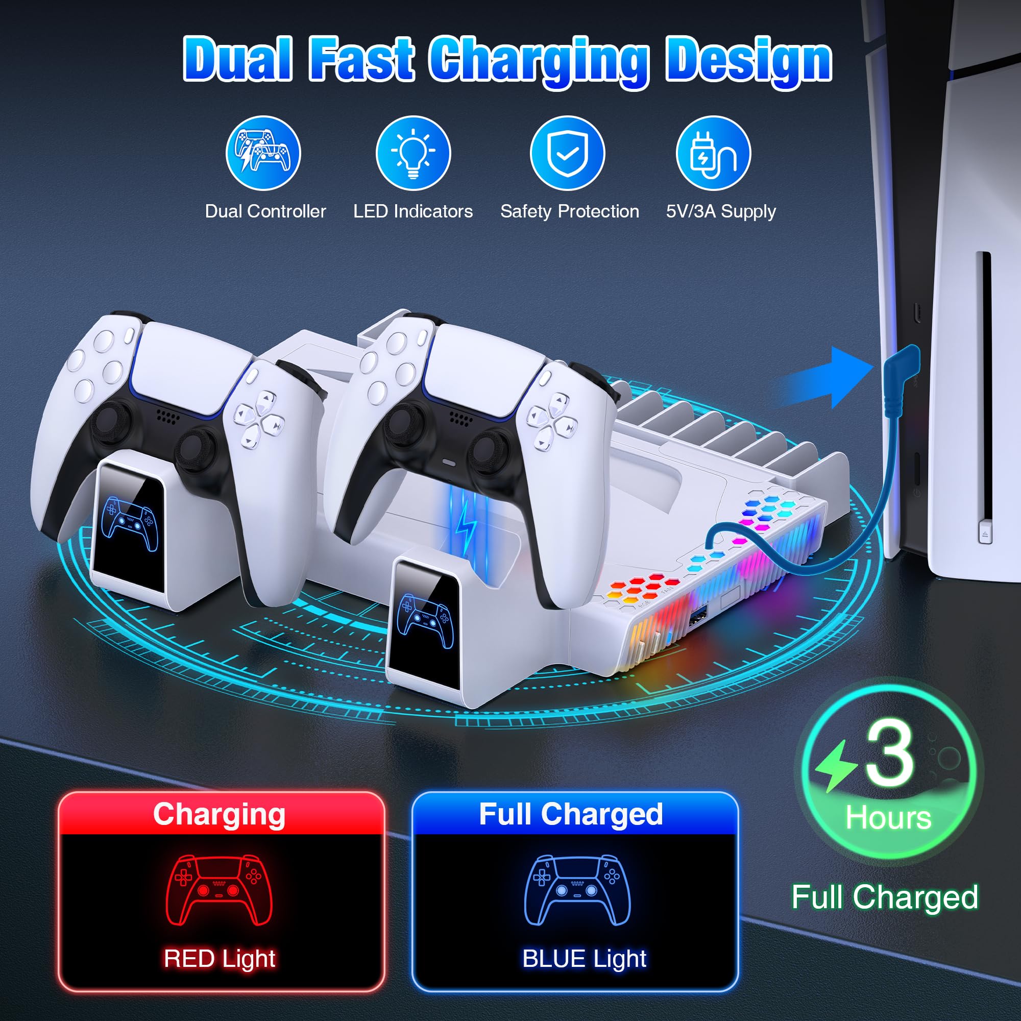 Elegamefy PS5 Standfuß für PS5/PS5 Slim Disc & Digital Konsole, Vertical Ständer mit Kühler Lüfter, Dynamisch Licht, Headset Halterung, Spiele Lagerung, Controller Ladestation für PS5 Zubehör Taschen