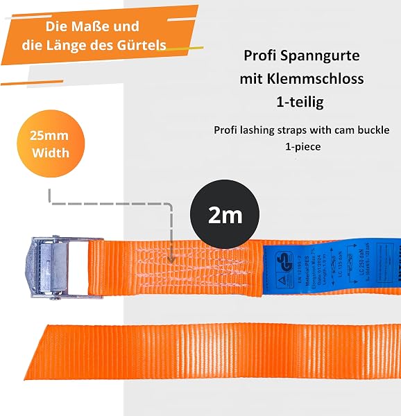 INTAKO Cinghia di Fissaggio 0,5m x 25mm x 250kg - Set di 4 - Cinghie a crichetto corte per portapacchi, bici, moto, camping - DIN EN 12195-2 (2m) - 4