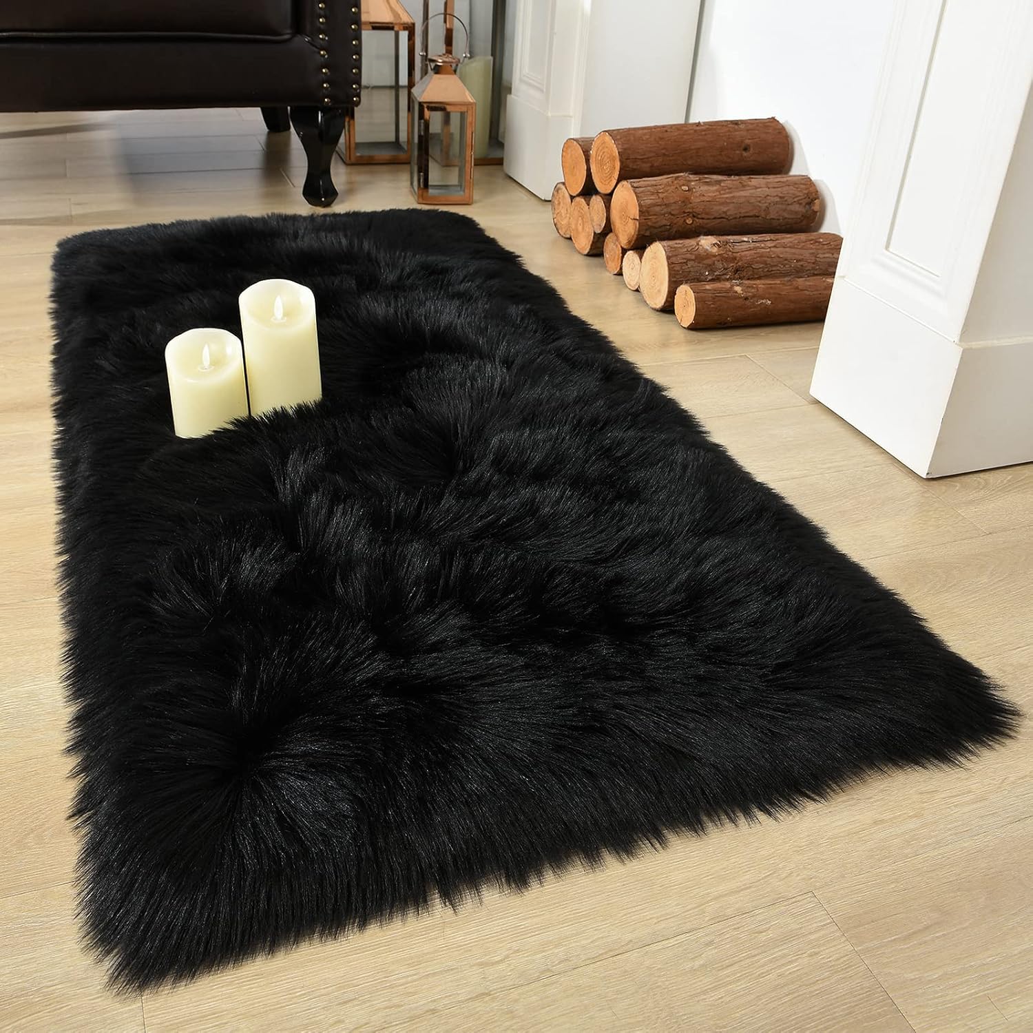LOCHAS Soft Fluffy Black Faux Fur Rugs for Bedroom Bedside