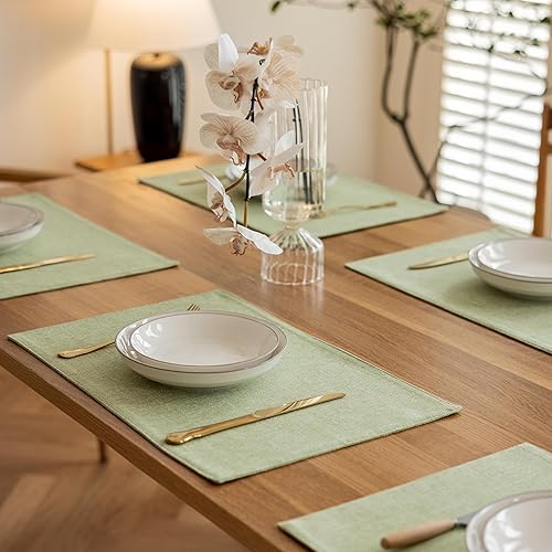 Miniatura 5 de Demetex Juego de 4 manteles individuales de lino lavables para cena, resistentes al calor, de tela salvia, resistentes a los arañazos, para mesa de
