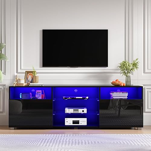 Miniatura 8 de Soporte de TV LED de 65 pulgadas para TV de 6570 pulgadas, soporte de TV negro brillante para sala de estar, moderno centro de entretenimiento para