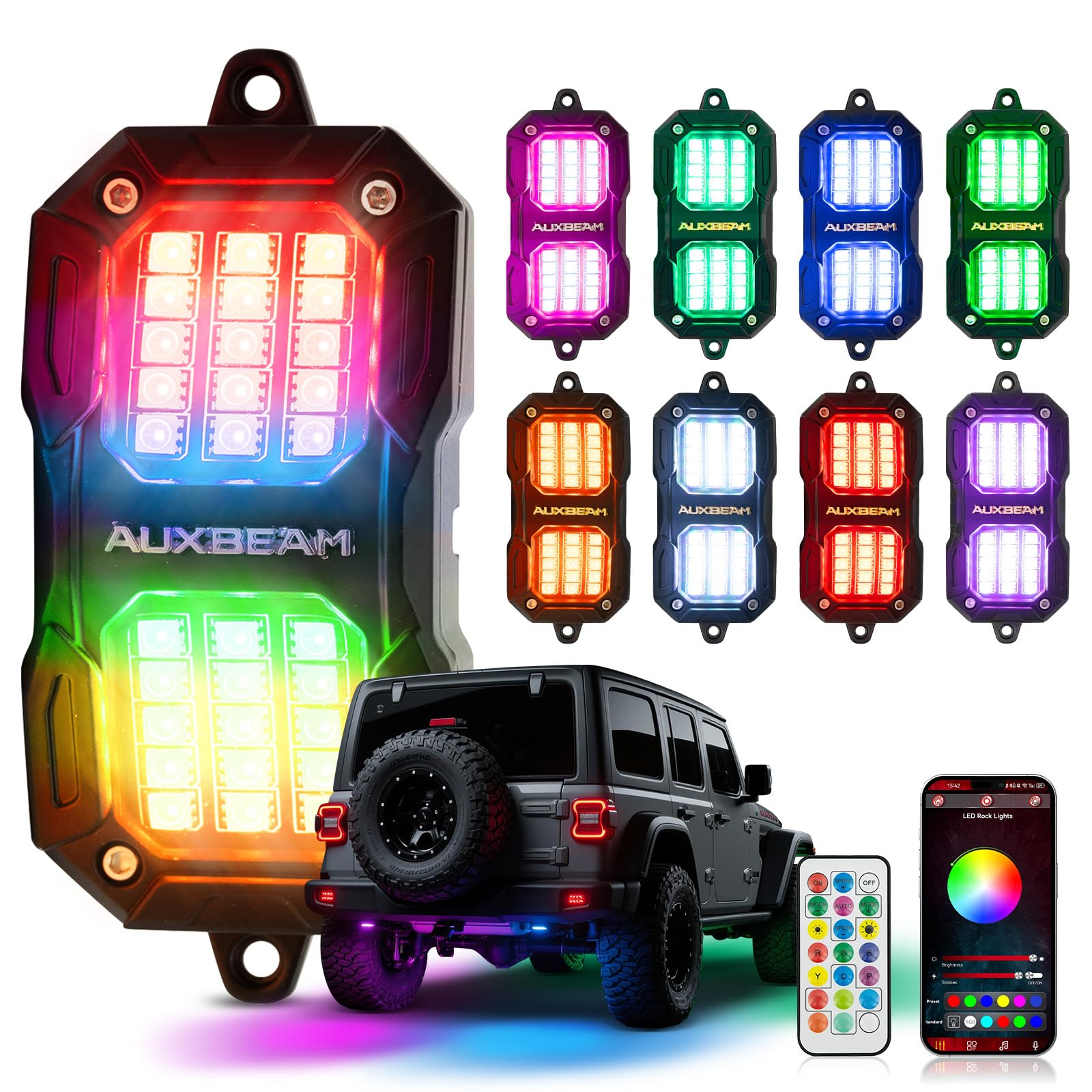 Auxbeam 8 Pods RGB LED Rock Lights w/Brake Mode, Dynamic Color