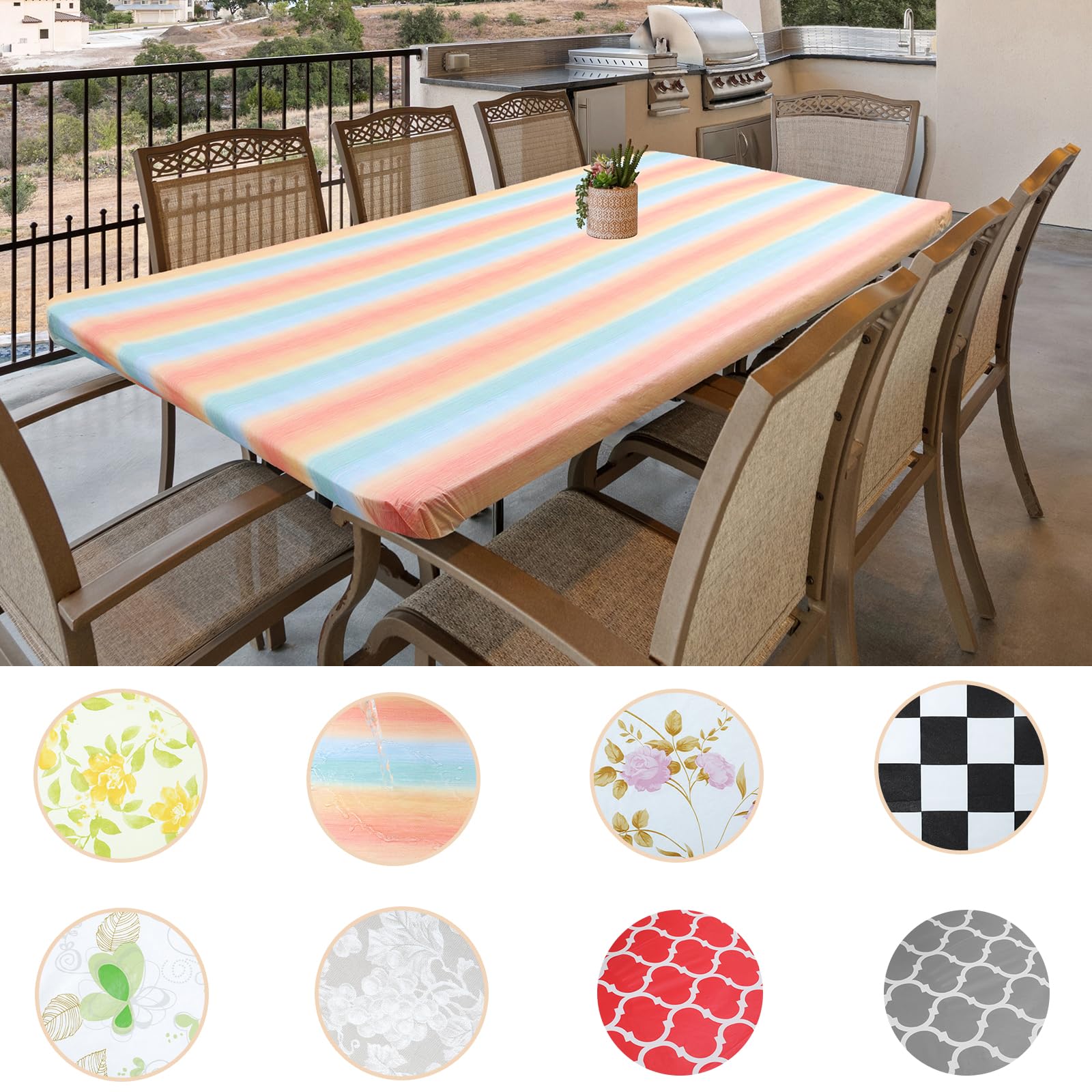 Fhberni Rectangle Picnic Table Cloth, Fitted Rainbow Pattern Flannel Backed Wipeable Tablecloth for 6 FT Tables-Outdoor & Indoor